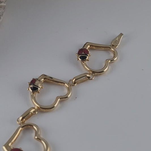 14K Yellow Gold Heart & Ladybug Link Bracelet - Solid Gold, Made in Turkey