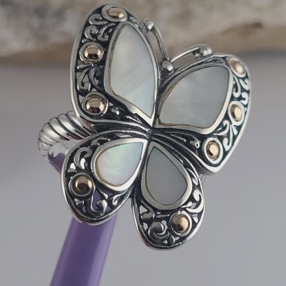 925 Sterling Silver and 18K Yellow Gold Butterfly-Shaped Mother of Pearls Ring Size 9