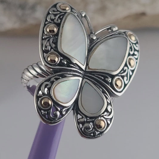 925 Sterling Silver and 18K Yellow Gold Butterfly-Shaped Mother of Pearls Ring Size 9