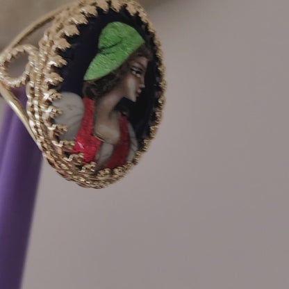 ❤️14k Size 7.25 Antique Solid Yellow Gold  Woman Portrait France Enamel Imperial Ring!