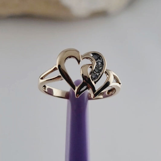 10K Yellow Gold  Two intertwined hearts Diamonds  Ring Size 6.75, Solid Gold