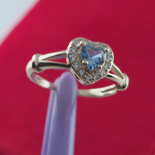 14K Yellow Gold Heart-Shaped Blue Topaz and Cubic Zirconia Ring Size 7, Solid Gold!