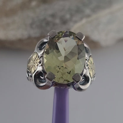 925 Sterling Silver and 18K Solid Gold Green Amethyst Ring Size 7, Made in Thailand