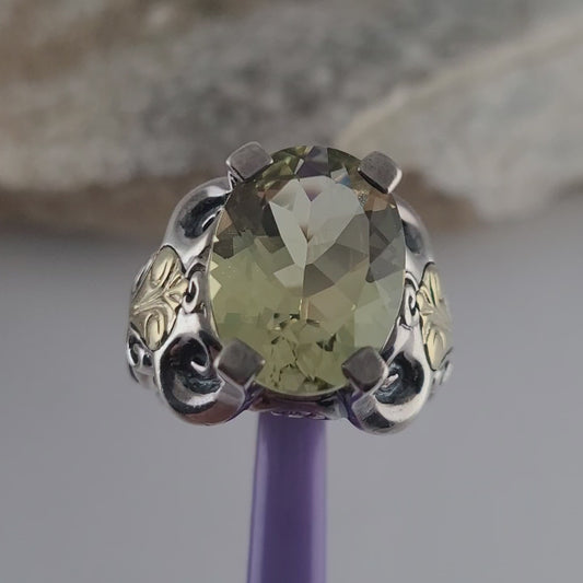 925 Sterling Silver and 18K Solid Gold Green Amethyst Ring Size 7, Made in Thailand