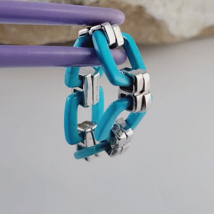 Turquoise Flexible Link Ring in 925 Sterling Silver, Size 8, Colleen Lopez HSN Statement Jewelry 👌🎁