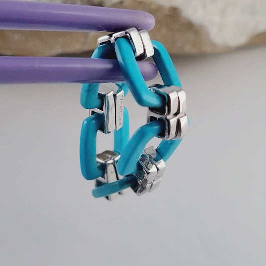 Turquoise Flexible Link Ring in 925 Sterling Silver, Size 8, Colleen Lopez HSN Statement Jewelry 👌🎁