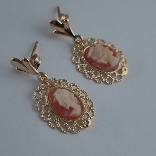 14K Yellow Gold Cameo Design Tiny Earrings, Solid Gold