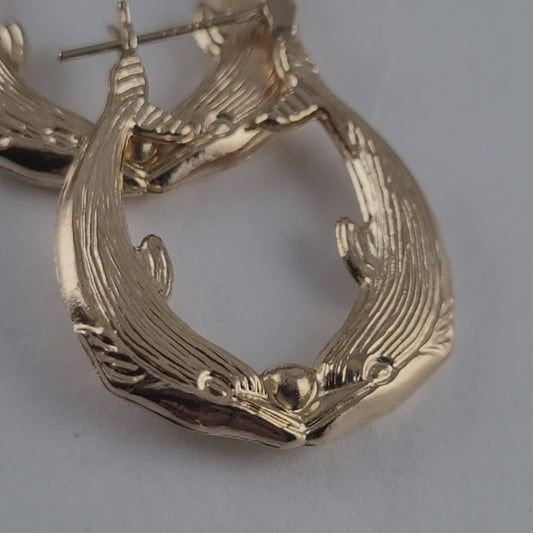 14K Solid Yellow Gold Double Dolphin Hoop Earrings – Perfect Condition