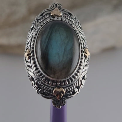 925 Sterling Silver and 18K Solid Gold Labradorite Gemstone Ring Size7!