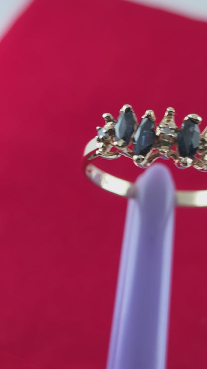 14K Yellow Gold Sapphire & Diamond Tiara Design Ring Size 6.75, Solid Gold!