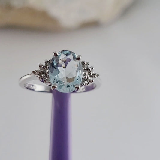 10K White Gold Aquamarine and Diamonds Ring Size 6.75, Solid Gold