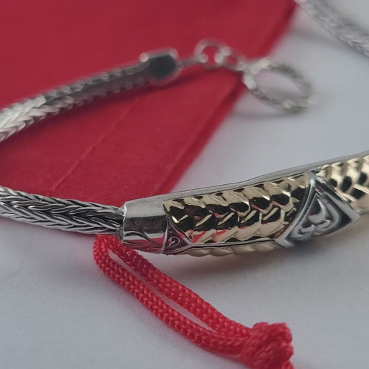 925 Sterling Silver & 18K Yellow Gold Balinese Woven Wheat Chain Bracelet, Made in Indonesia!