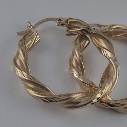 14K Yellow Gold Diamond-Cut Twisted Hoop Earrings, Satin Finish Solid Gold