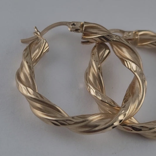 14K Yellow Gold Diamond-Cut Twisted Hoop Earrings, Satin Finish Solid Gold