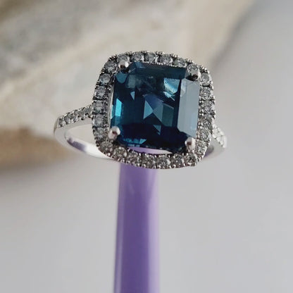 EFFY 14K Solid White Gold London Blue Topaz Diamond Ring, Asscher Cut Genuine Gemstone, Art Deco Style, 0.45ctw Diamonds - Size 7.75