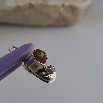 Vintage 14K Yellow Gold Blue Sapphire & Baby Booty Shoe Charm - Solid Gold