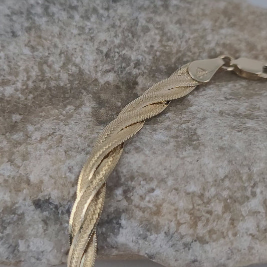 14K Solid Yellow Gold Twisted Herringbone Bracelet, Made in Italy