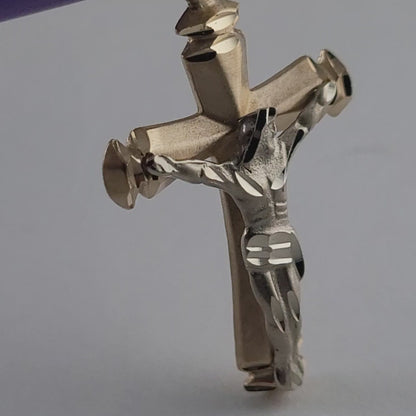 14K Two-Tone Yellow & White Gold Diamond-Cut Crucifix Pendant – Like New Condition