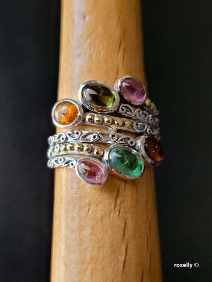 925 Sterling Silver Ring and 18K Yellow Gold, Tourmaline Gemstones Ring Size 8!