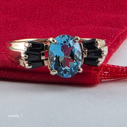 10K Yellow Gold Blue Topaz and Sapphire Cocktail Ring Size 7.25, Solid Gold!