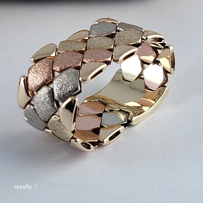 14K Tri-Color Gold Satin Flexible Cigar Band Ring Size 9 – Made in Italy!