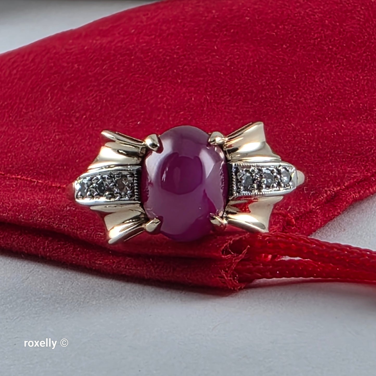 14K Yellow Gold Pink Star Sapphire and Diamond Ring Size 7.5, Solid Gold!