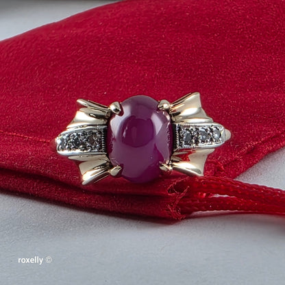 14K Yellow Gold Pink Star Sapphire and Diamond Ring Size 7.5, Solid Gold!