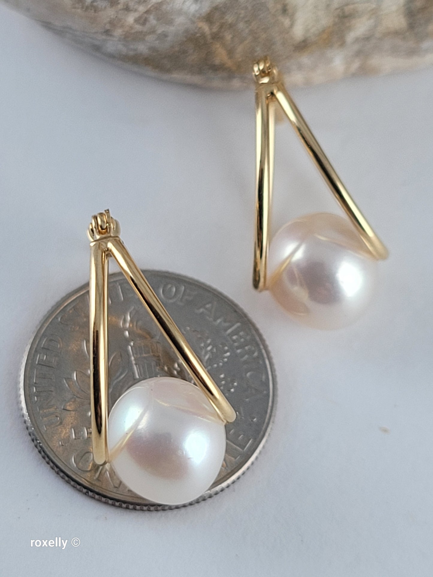 14K Yellow Gold Freshwater Pearl Double Hoop Earrings, Solid Gold!