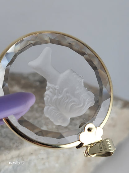 14K Vintage Yellow Gold Carved Face Clear Intaglio, Woman Bust Design Pendant, Solid Gold - Made in Italy!