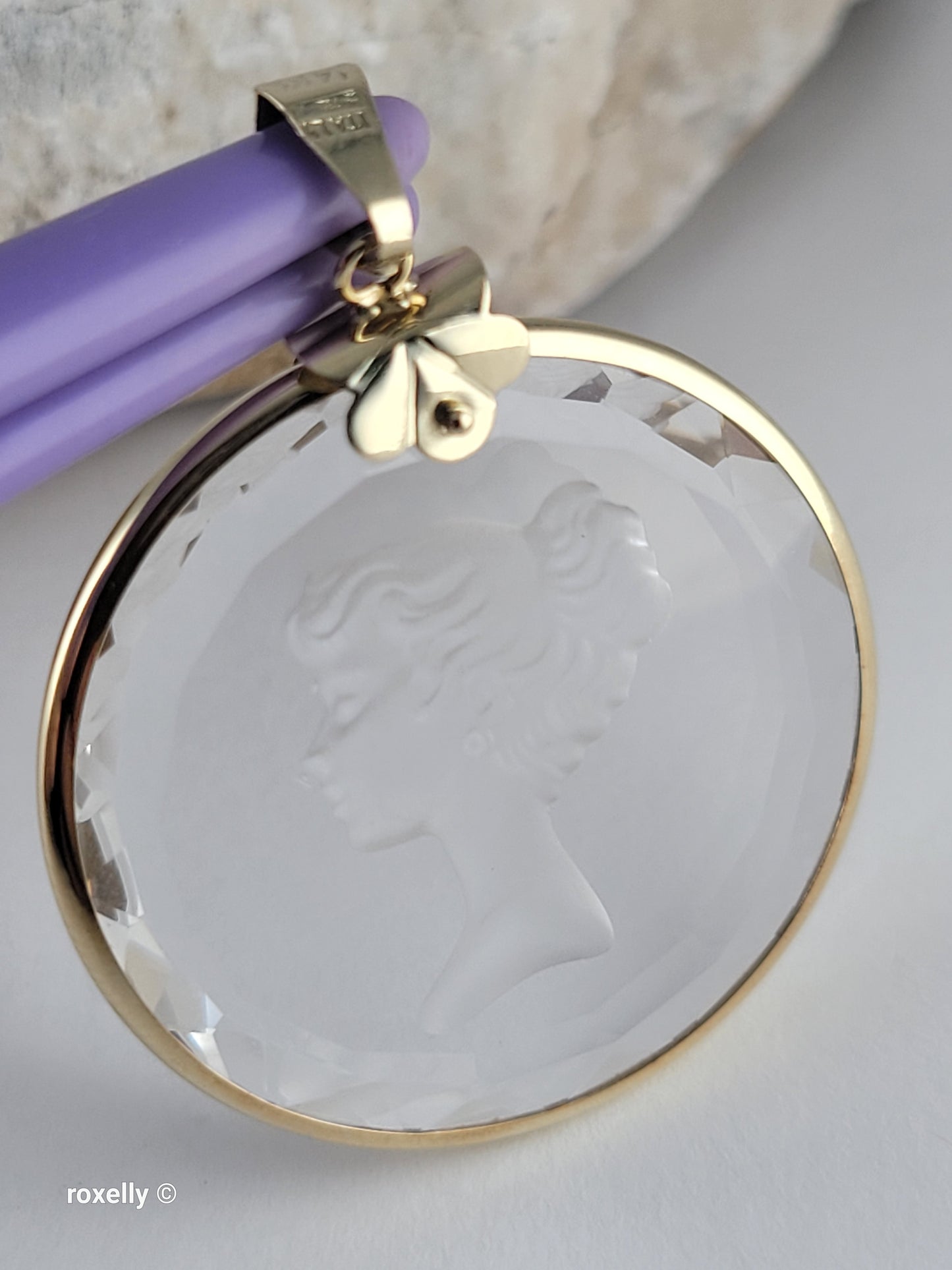 14K Vintage Yellow Gold Carved Face Clear Intaglio, Woman Bust Design Pendant, Solid Gold - Made in Italy!