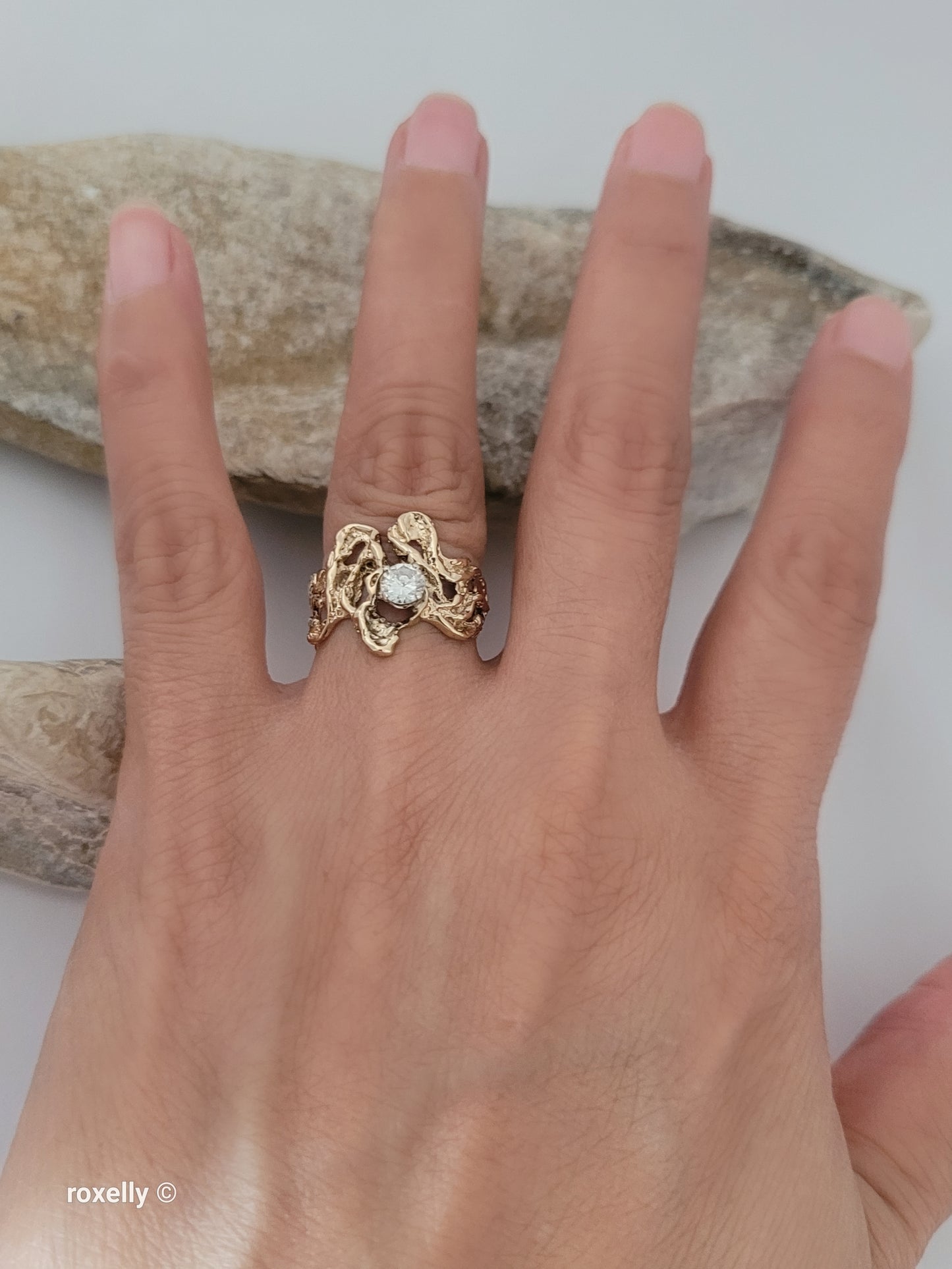 14K Yellow Gold Vintage Cubic Zirconia Brutalist Ring, Solid Gold!