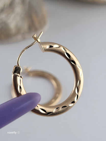 14K Yellow Gold Diamond-Cut Satin Hoop Earrings, Solid Gold