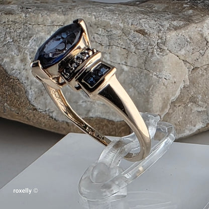 10K Yellow Gold Sapphire and Diamond Cocktail Ring Size 7.5, Solid Gold!
