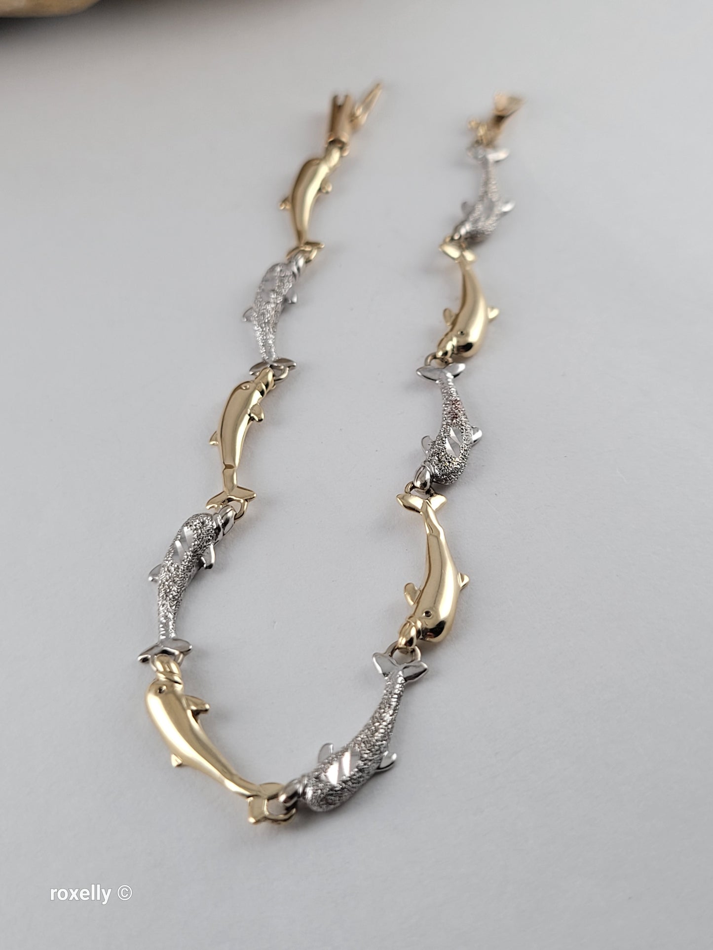14K Two-Tone Gold Dolphin Link Bracelet, Solid Gold!