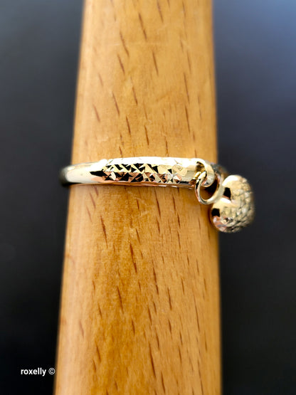 14K Yellow Gold Diamond-Cut Ring Size 10 with Heart Charm, Solid Gold!