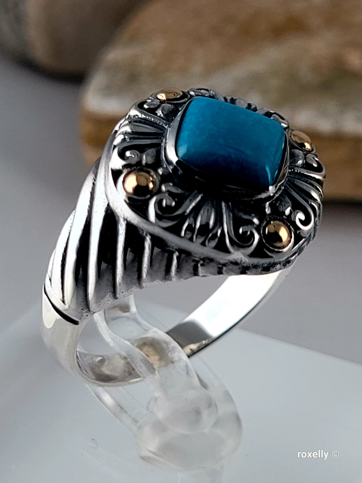925 Sterling Silver and 18K Yellow Gold Turquoise Carved Cable  Ring