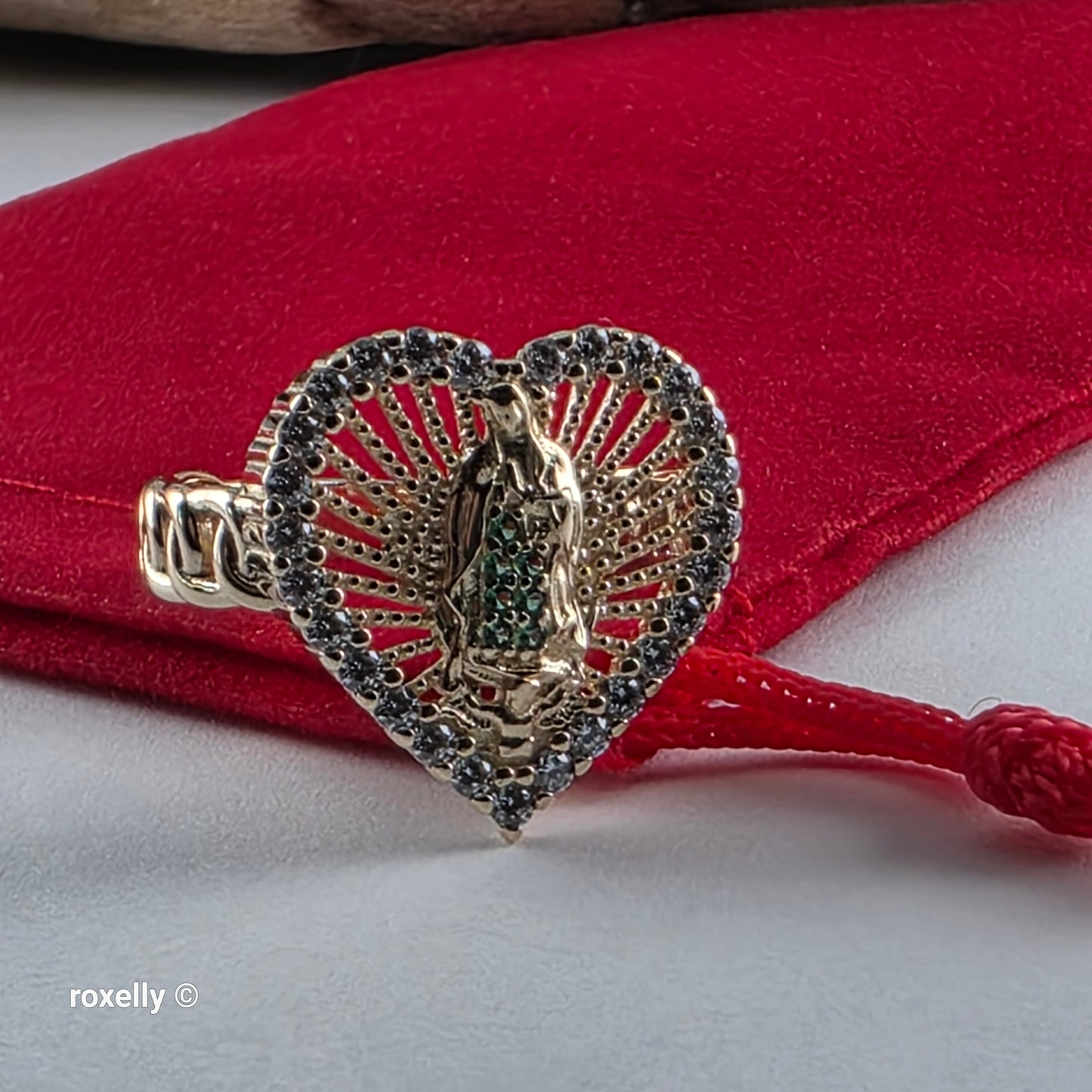 14K Yellow Gold, Heart-Shaped Lady of Guadalupe with Green and White Cubic Zirconia Ring Size 8, Solid Gold!