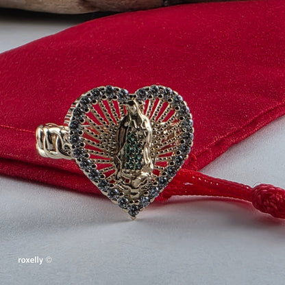 14K Yellow Gold, Heart-Shaped Lady of Guadalupe with Green and White Cubic Zirconia Ring Size 8, Solid Gold!