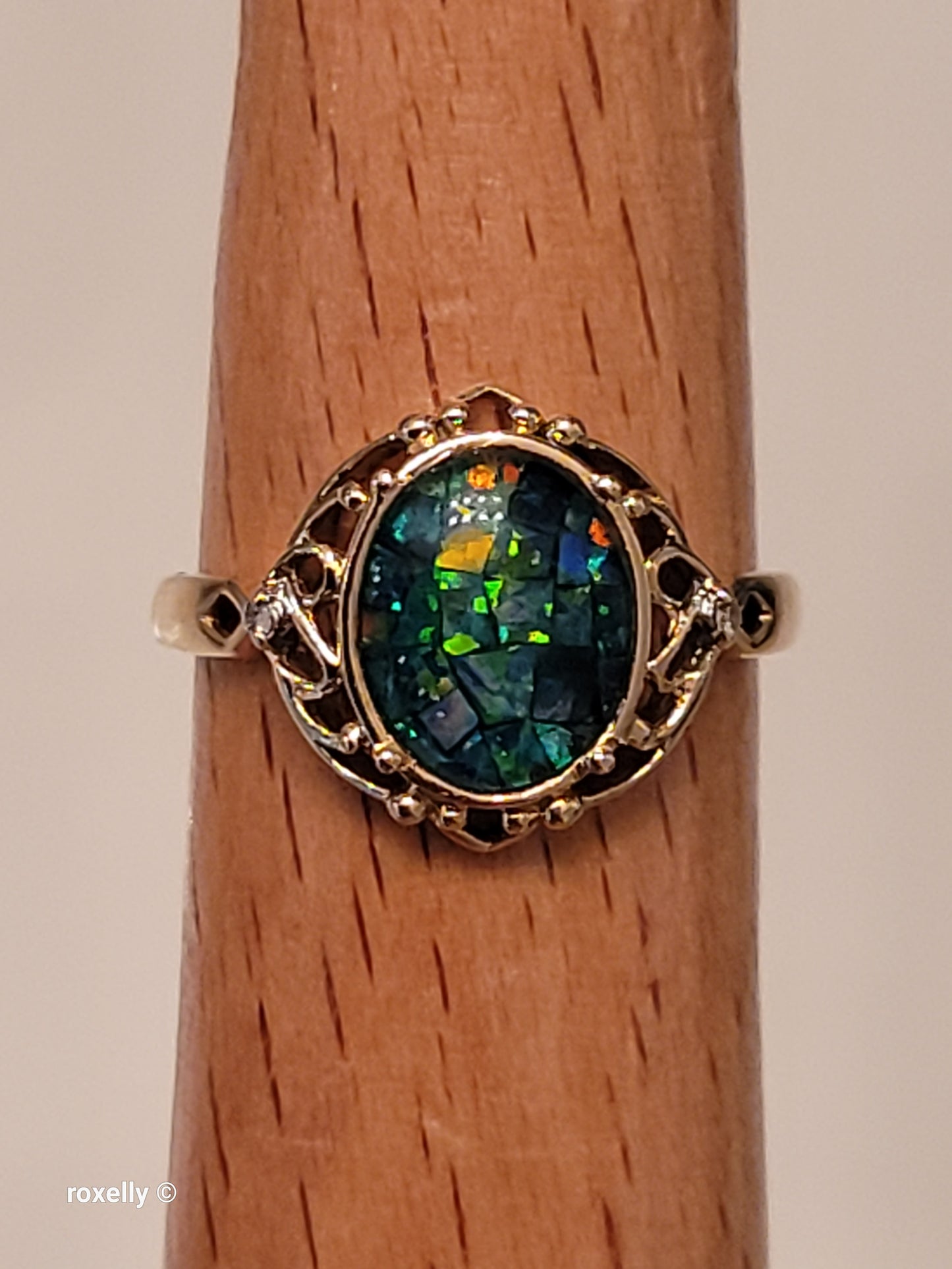 10K Yellow Gold Mosaic Opal and Diamonds Cocktail Ring Size 7, Solid Gold!