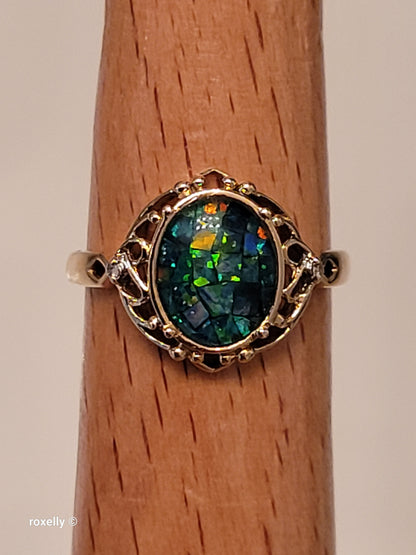 10K Yellow Gold Mosaic Opal and Diamonds Cocktail Ring Size 7, Solid Gold!