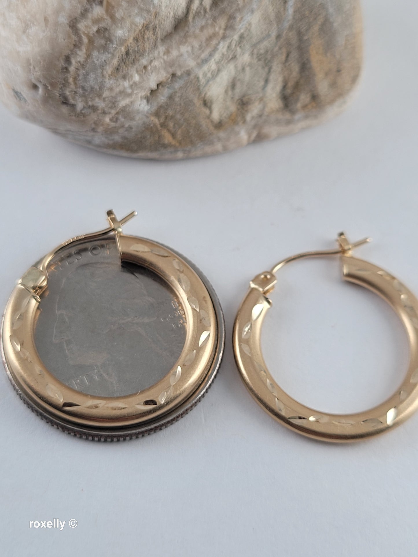 14K Yellow Gold Diamond-Cut Satin Hoop Earrings, Solid Gold