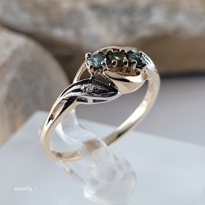 14K Yellow Gold Peridot, Blue Topaz & Diamonds Ring Size 7.25- Solid Gold!