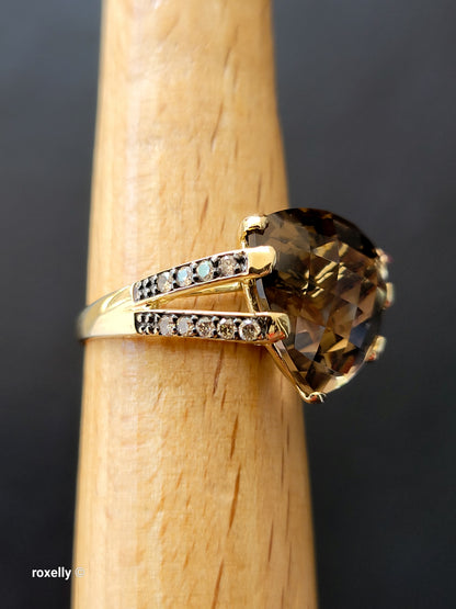 14K Yellow Gold Le Vian Smoky Topaz and Genuine Vanilla Diamonds Cocktail Ring Size 7.5 - Solid Gold!