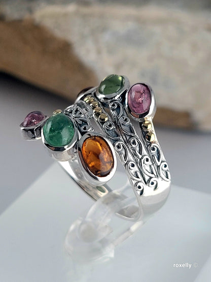 925 Sterling Silver Ring and 18K Yellow Gold, Tourmaline Gemstones Ring Size 8!