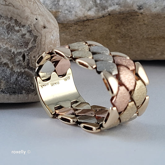 14K Tri-Color Gold Satin Flexible Cigar Band Ring Size 9 – Made in Italy!