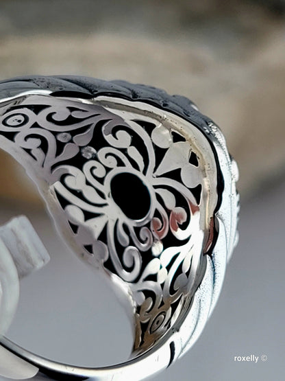 925 Sterling Silver and 18K Yellow Gold Turquoise Carved Cable  Ring