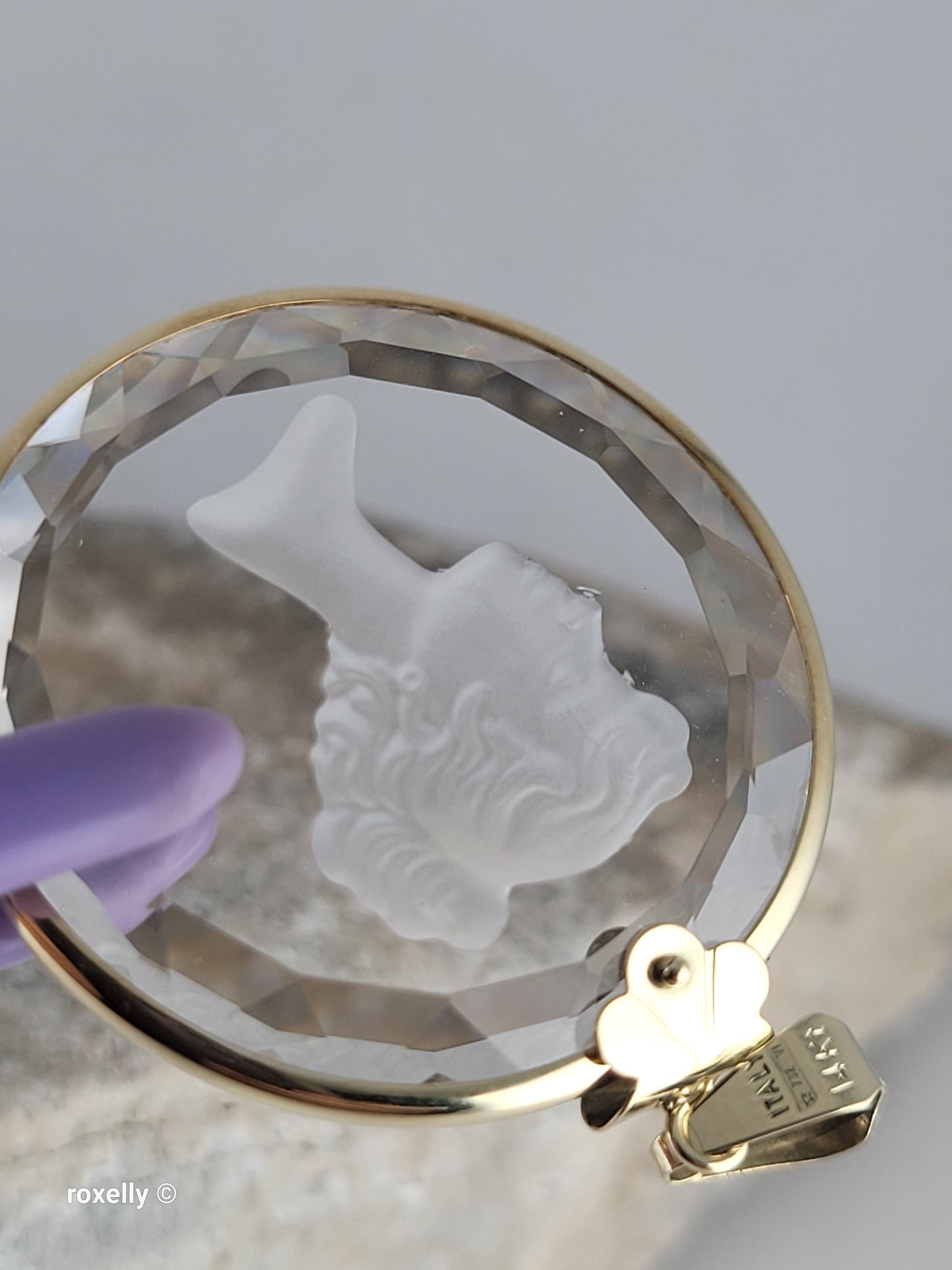 14K Vintage Yellow Gold Carved Face Clear Intaglio, Woman Bust Design Pendant, Solid Gold - Made in Italy!