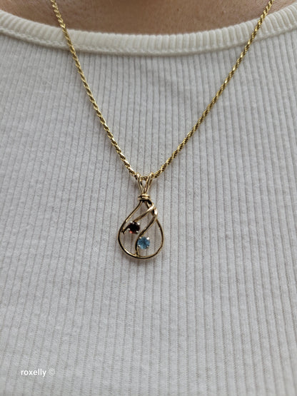 14K Yellow Gold Diamond-Cut Rope Chain Garnet and Blue Topaz Pendant, Made in Italy!
