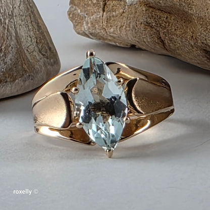 14K Yellow Gold Aquamarine Gemstone Ring Size 6.5, Solid Gold!