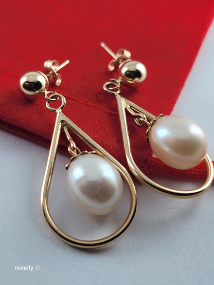 14K Yellow Gold Freshwater Pearl Drop-Shaped Dangle Earrings, Solid Gold!